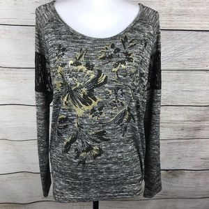 Miss Me long sleeve top metallic detail with lace and rhinestone